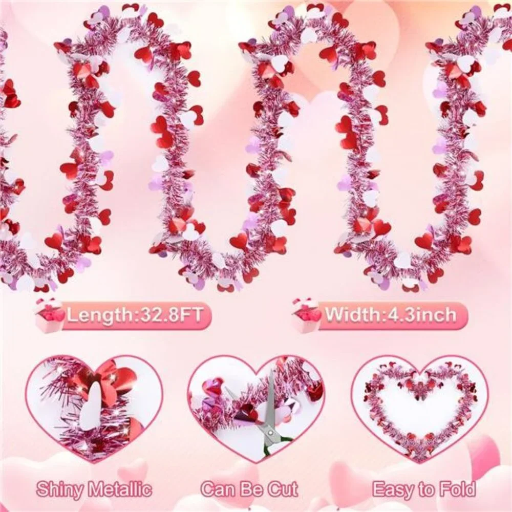 Great 33 Ft Valentines Heart Tinsel Garland Decorations Valentines Day Red Pink